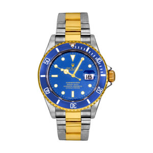 stainless steel and yellow gold Rolex with a blue dial and blue bezel