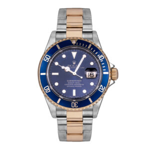 stainless steel and yellow gold Rolex with a blue dial and bezel