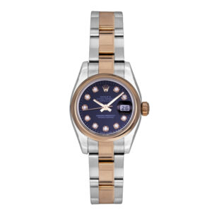 stainless steel and yellow gold rolex with a black dial