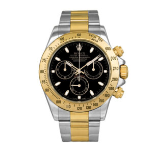 stainless steel and yellow gold Rolex with a black dial