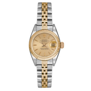 stainless steel and yellow gold rolex with a gold dial and fluted bezel