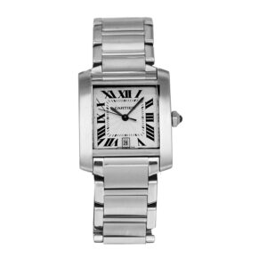 stainless steel Cartier watch with a white dial