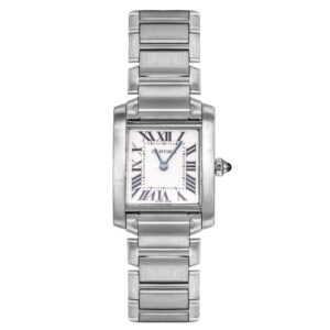 stainless steel Cartier watch with a white dial