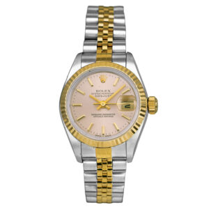 stainless steel and yellow gold rolex with a pink dial and gold bezel