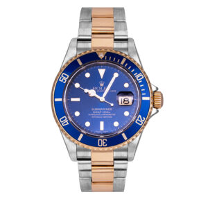 stainless steel and yellow gold Rolex with a blue dial and bezel