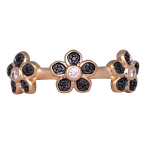 yellow gold flower ring set with black and white diamonds