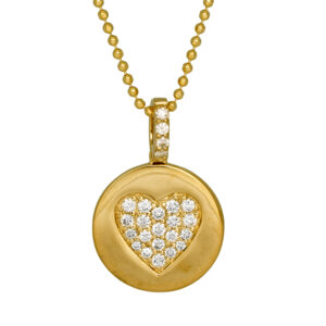 yellow gold circle pendant with a heart inside set with round diamonds