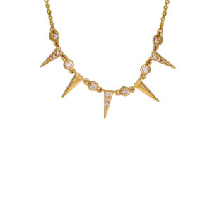 yellow gold spike necklace set with round diamonds