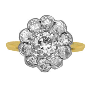 yellow and white gold flower cluster ring set with round diamonds