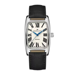 stainless steel rectangular watch with a black leather strap and white dial