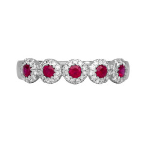 white gold 5-stone band set with round rubies surrounded by round diamonds