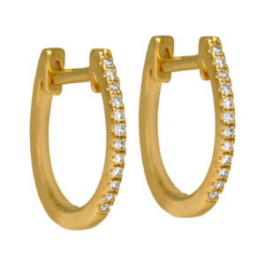 yellow gold huggie hoop earrings set with round diamonds