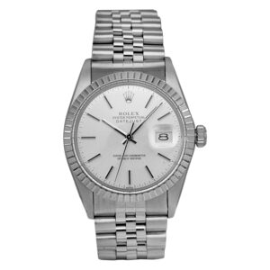 stainless steel rolex with a silver dial