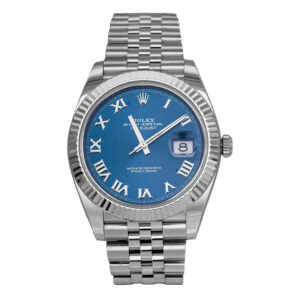 stainless steel rolex with a blue dial