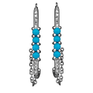 white gold bar earrings set with round turquoise and round diamonds