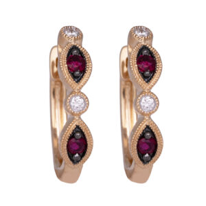 yellow gold hoop earrings set with round rubies & round diamonds