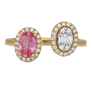yellow gold open halo ring set with an oval pink sapphire and white diamonds