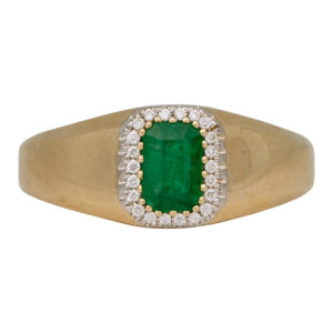 yellow gold halo ring centered with an emerald cut emerald surrounded by round diamonds