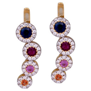 yellow gold halo drop earrings with multicolor sapphires and rubies surrounded by diamonds