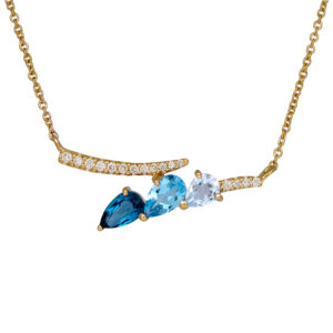 yellow gold bar pendant set with pear blue topaz & round brilliant diamonds