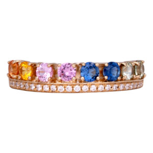 two row yellow gold band set with round brilliant multicolor sapphires and round brilliant diamonds