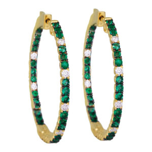 yellow gold hoops with round emeralds and round diamonds