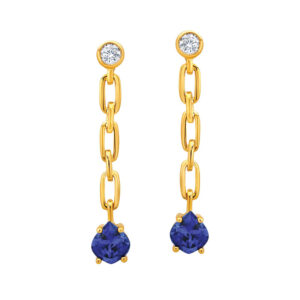 yellow gold oval link dangle earrings set with onion shaped blue sapphires and round brilliant white diamonds