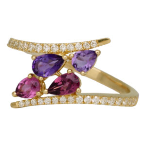 yellow gold bypass ring set with pear amethyst and tourmaline with round diamonds in the band