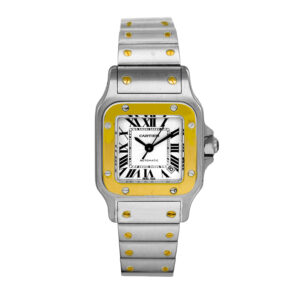 stainless steel and yellow gold cartier watch with a white dial and black roman numerals