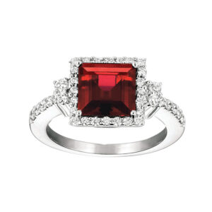 white gold ring centered with a square ruby surrounded by round diamonds