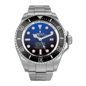 stainless steel rolex with a black bezel and black and blue gradient dial