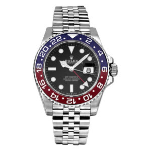 stainless steel pepsi rolex with a black dial and black and red bezel, white markers