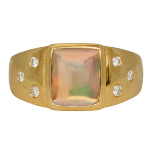 yellow gold ring set with a cushion Ethiopian opal & round brilliant diamonds in the band