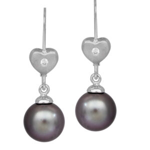 white gold drop earrings set with grey Tahitian pearls and small diamonds inside a heart shape