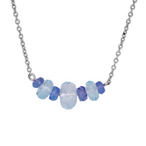 white gold stationary necklace set with faceted bead aquamarines and tanzanite