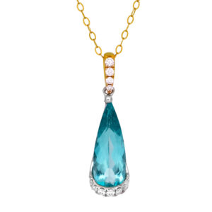 yellow gold pendant set with a long pear apatite & small round diamonds