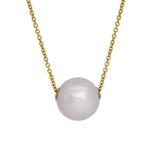 yellow gold necklace with a white/silver pearl