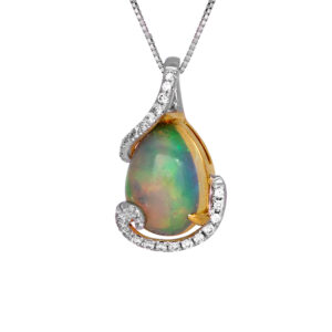 yellow and white gold pendant set with an oval cabochon opal & wrapped with small round diamonds