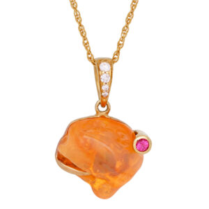 yellow gold pendant set with a freeform Mexican fire opal, round pink sapphire and small round diamonds in the bail