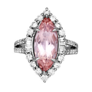 white gold halo ring centered with a marquise morganite surrounded by round diamonds