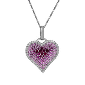 white gold heart pendant set with rubies, pink sapphires, and diamonds