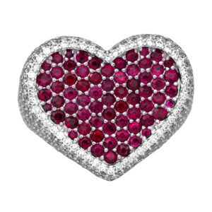 white gold heart ring with pave rubies surrounded by round diamonds