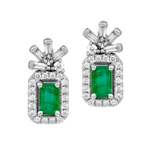 white gold earrings set with emeralds surrounded by round diamonds, in somewhat of a pineapple motif