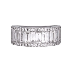 white gold wide band set with baguette and round brilliant diamonds