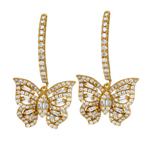 yellow gold butterfly drop earrings with round brilliant diamonds