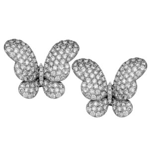 white gold butterfly earrings set with pave round diamonds