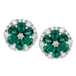 white gold cluster flower earrings set with pear emeralds & round diamonds