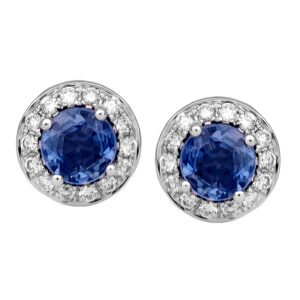 white gold halo earrings centered with round blue sapphires surrounded by round white diamonds