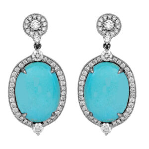 white gold halo drop earrings set with oval turquoise surrounded by round diamonds