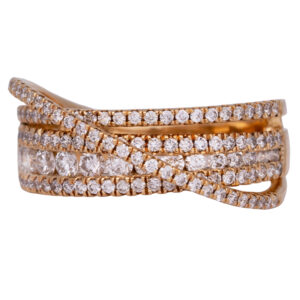 yellow gold 5-row crossover band set with round brilliant diamonds